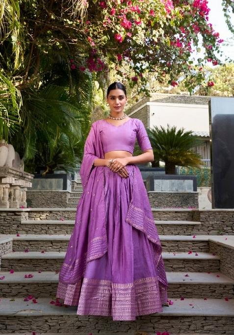 Purple Zari Work Chanderi Lehenga Set