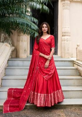 Red Zari Work Chanderi Lehenga Set