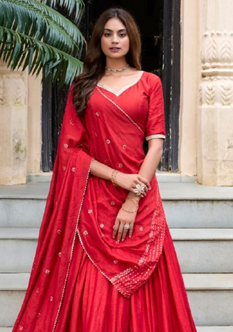 Red Zari Work Chanderi Lehenga Set - Indya