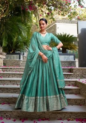 Green Zari Work Chanderi Lehenga Set