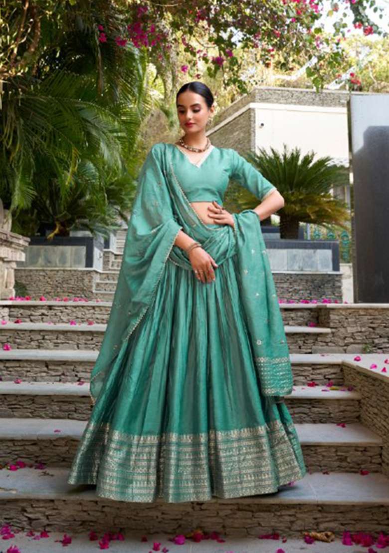 Green Zari Work Chanderi Lehenga Set for Diwali and Festive Wear - Indya