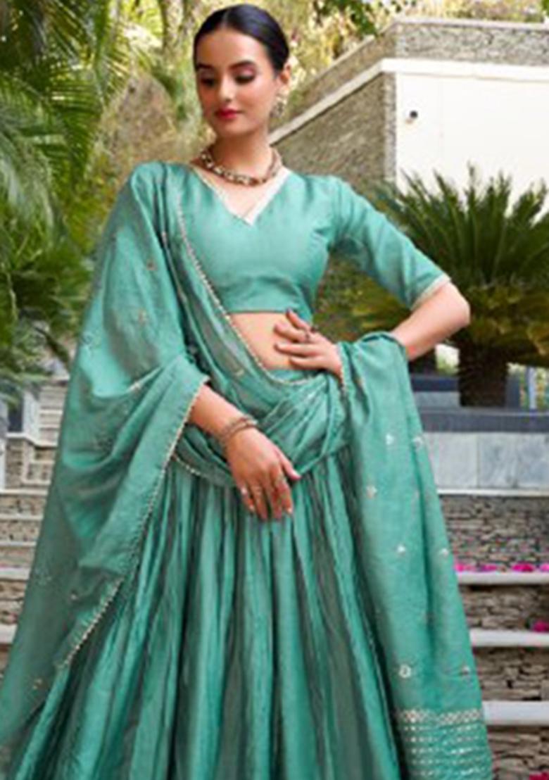 Green Zari Work Chanderi Lehenga Set - Indya