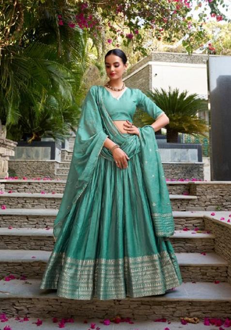 Green Zari Work Chanderi Lehenga Set