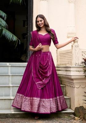 Wine Zari Work Chanderi Lehenga Set