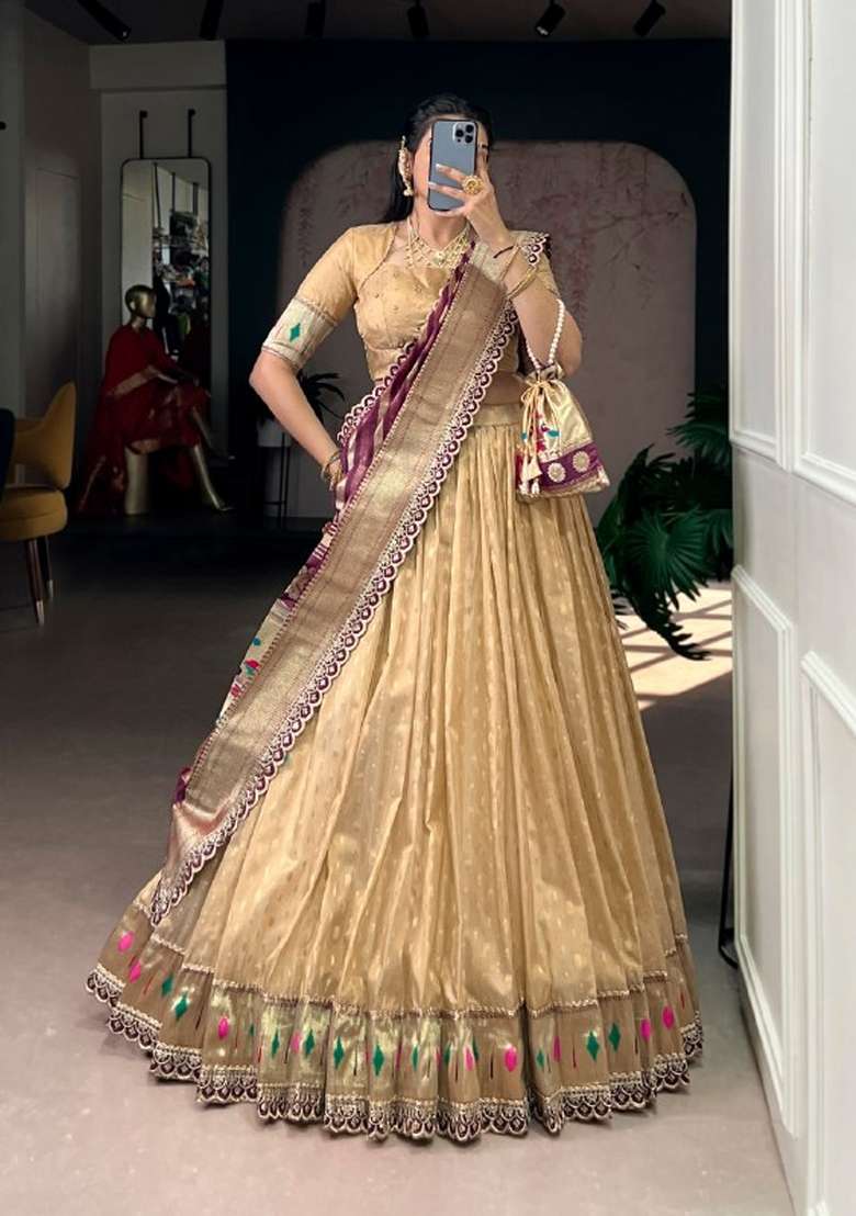 Cream Zari Work Shimmer Lehenga Set - Indya
