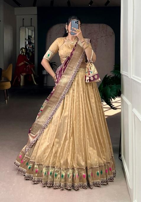 Cream Zari Work Shimmer Lehenga Set