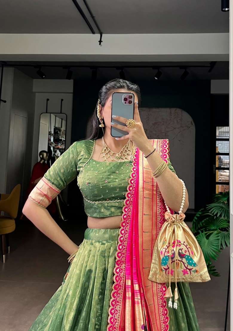 Green Zari Work Shimmer Lehenga Set - Indya