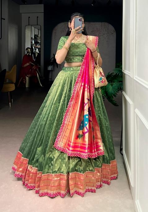 Green Zari Work Shimmer Lehenga Set