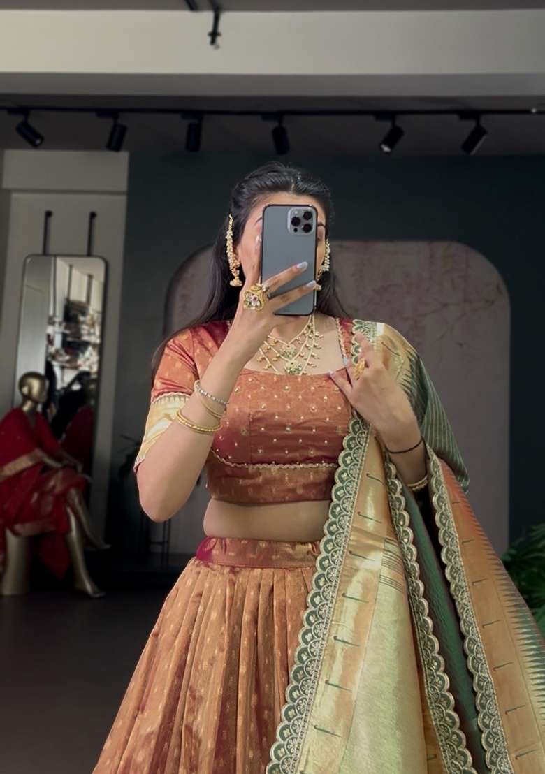 Brown Zari Work Shimmer Lehenga Set - Indya