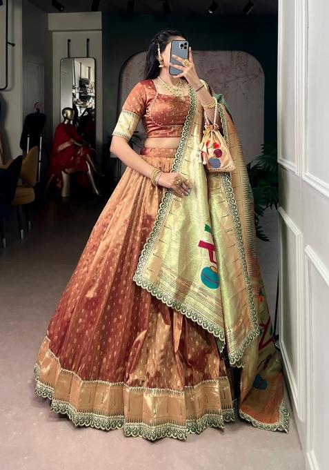 Brown Zari Work Shimmer Lehenga Set