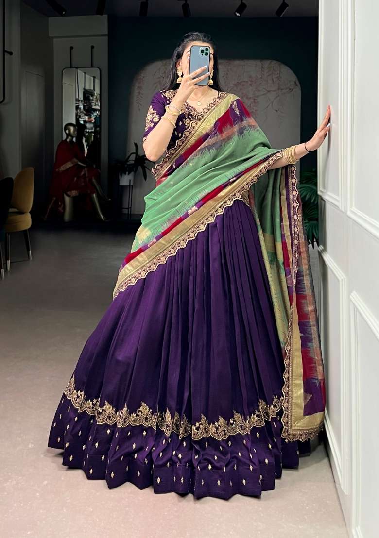 Purple Silk Blend Lehenga Set with Embroidered for Diwali | Wedding & Festive Wear - Indya