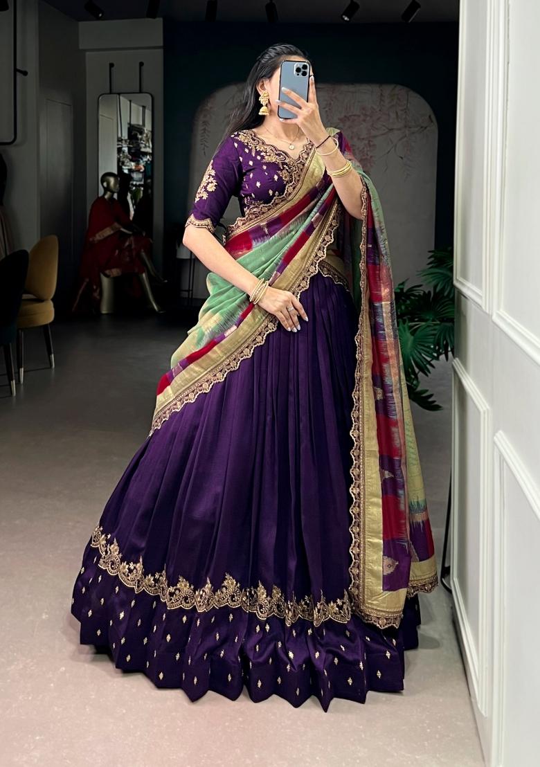 Purple Embroidered Silk Blend Lehenga Set - Indya
