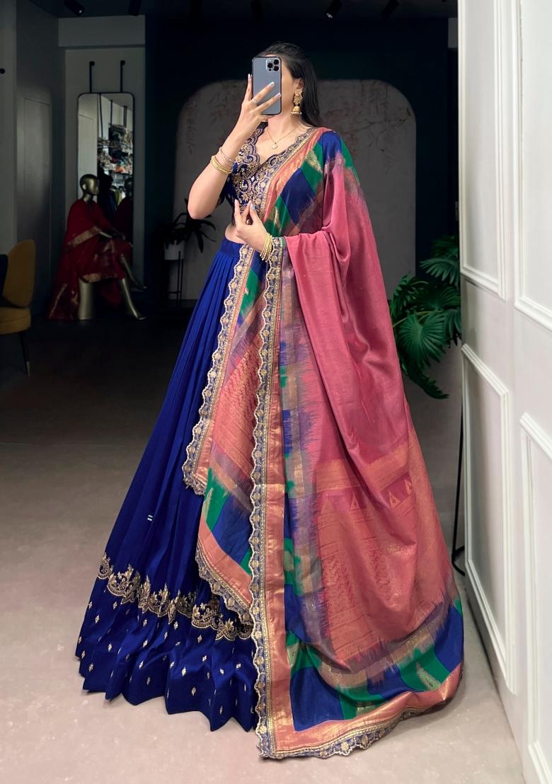 Blue Embroidered Silk Blend Lehenga Set - Indya