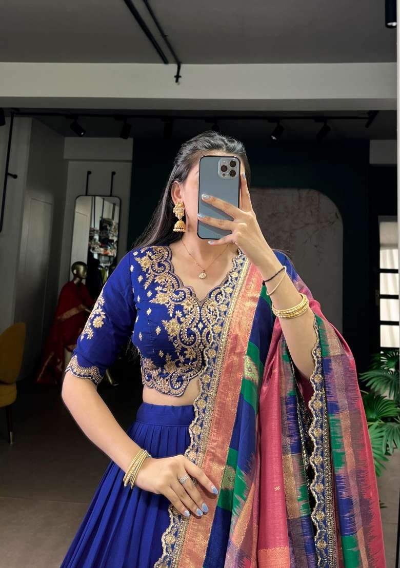 Blue Silk Blend Lehenga Set with Embroidered for Diwali | Wedding & Festive Wear - Indya