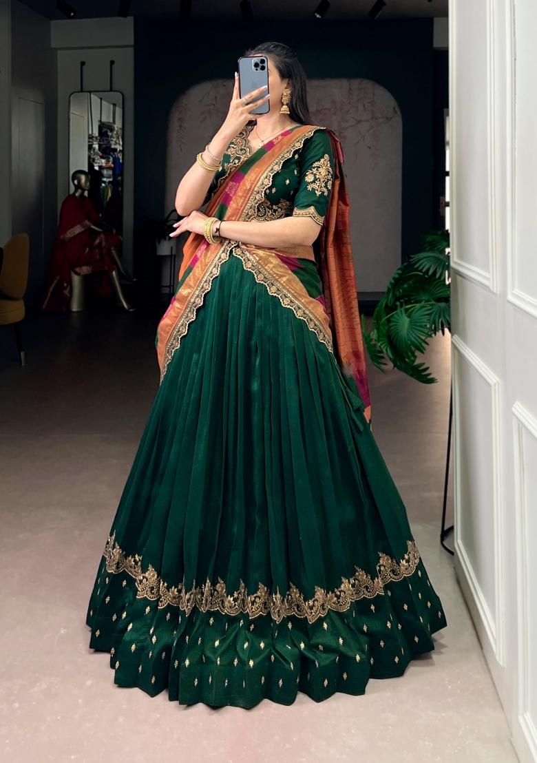 Green Embroidered Silk Blend Lehenga Set - Indya