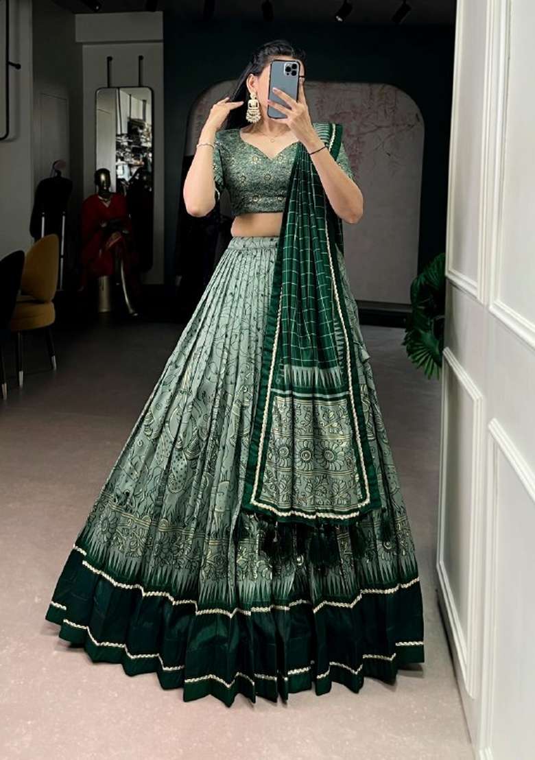 Green Printed Silk Blend Lehenga Set for Diwali and Festive Wear - Indya