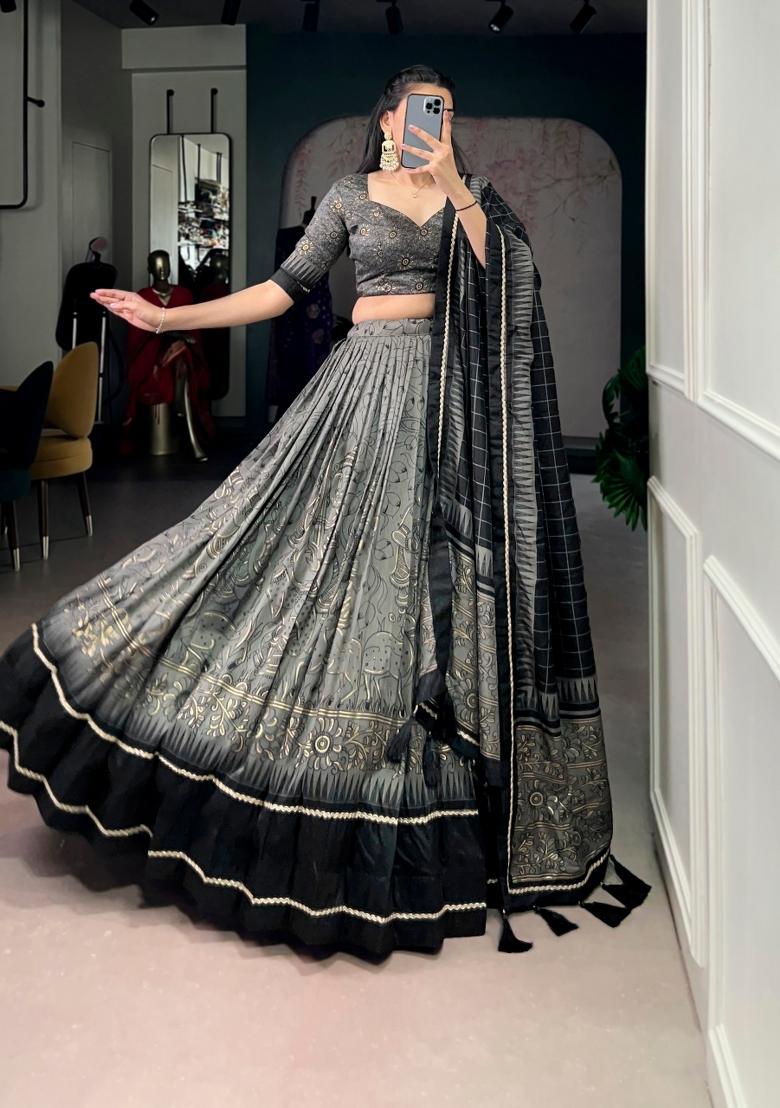 Grey Printed Silk Blend Lehenga Set - Indya