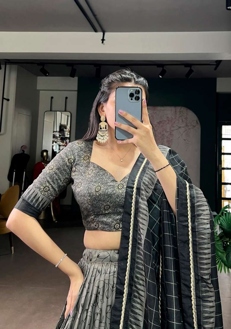 Grey Silk Blend Lehenga Set with Printed for Diwali | Wedding & Festive Wear - Indya