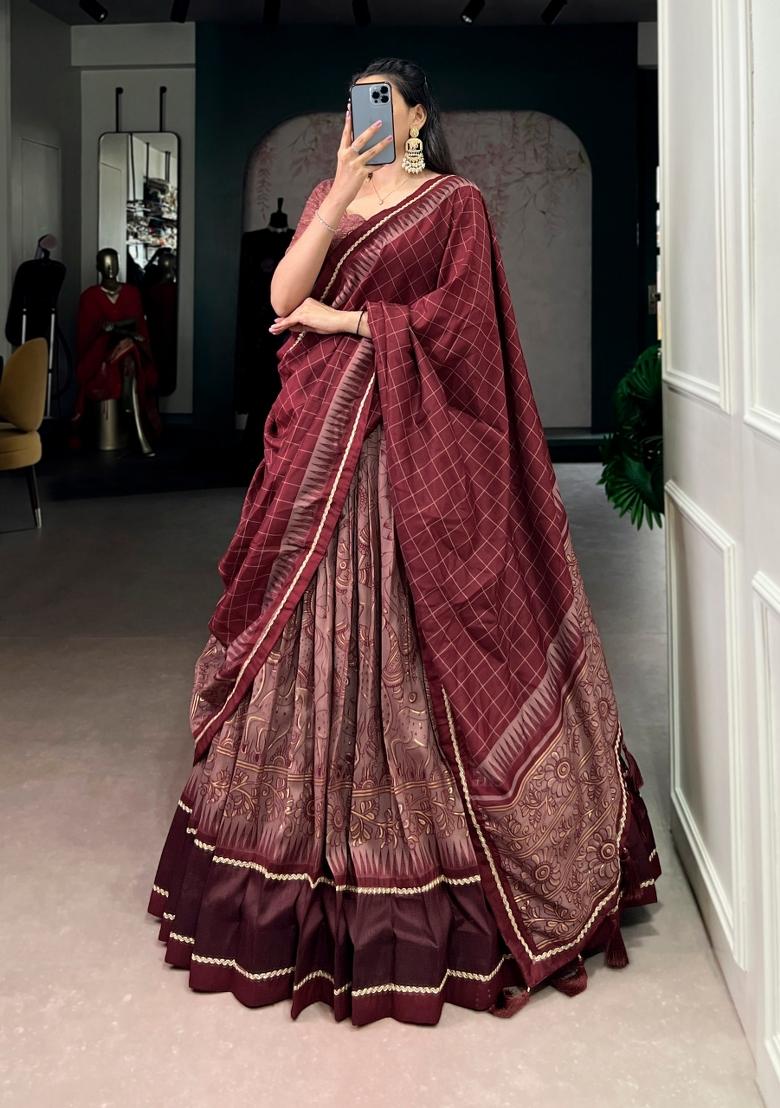 Maroon Printed Silk Blend Lehenga Set - Indya
