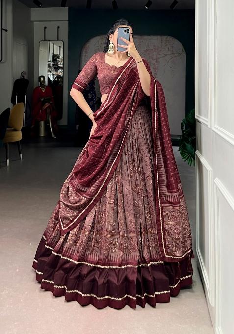 Maroon Printed Silk Lehenga Set