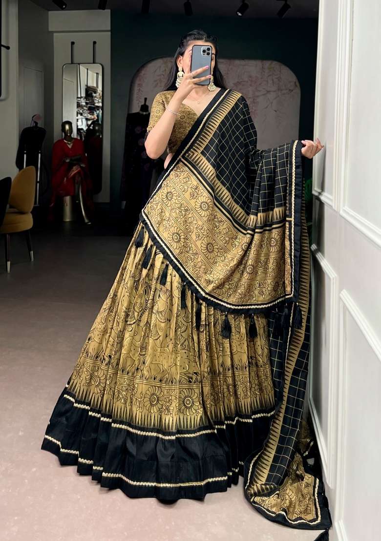 Golden Printed Silk Blend Lehenga Set for Diwali and Festive Wear - Indya