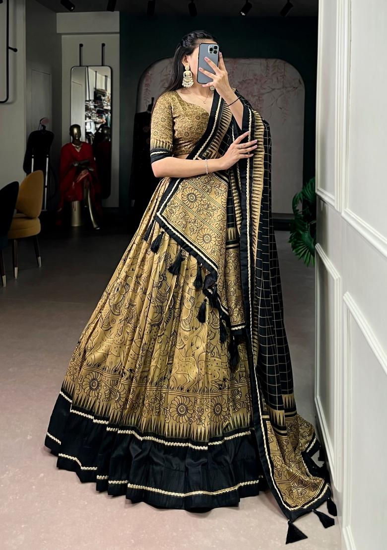 Golden Printed Silk Blend Lehenga Set - Indya