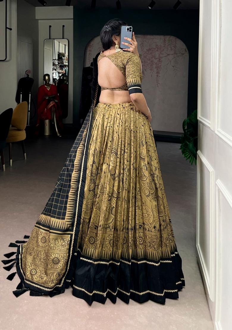 Golden Printed Silk Blend Lehenga Set - Indya