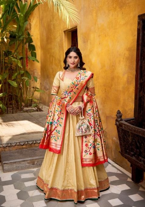 Cream Zari Work Silk Blend Lehenga Set