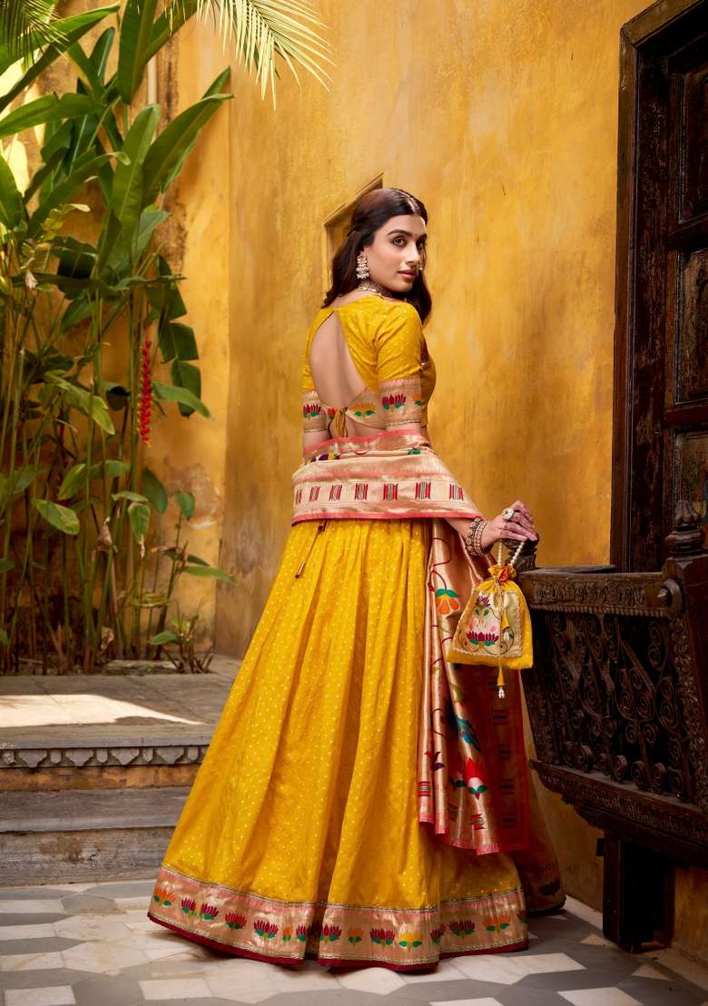 Green Zari Work Silk Blend Lehenga Set - Indya