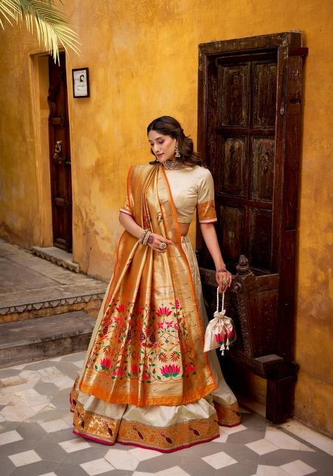Off White Zari Work Silk Blend Lehenga Set