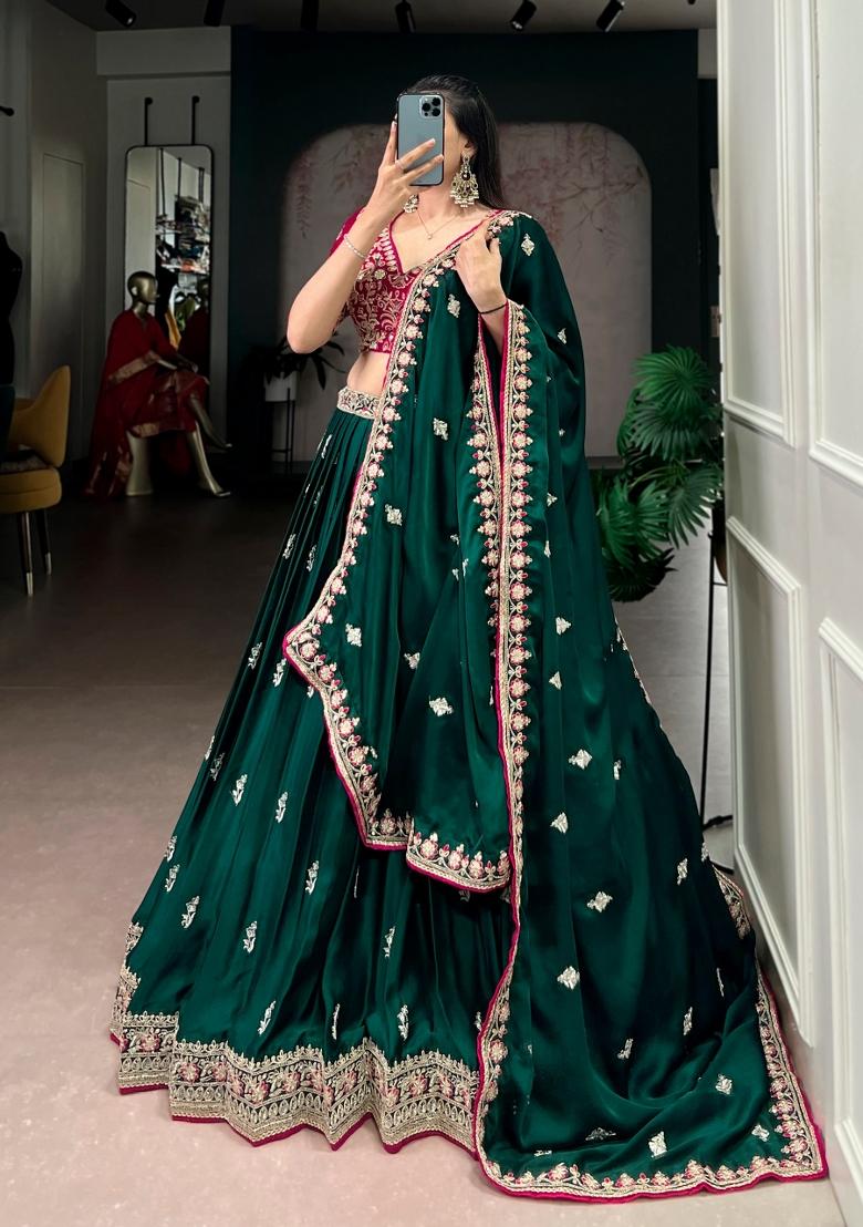 Green Embroidered Silk Blend Lehenga Set - Indya