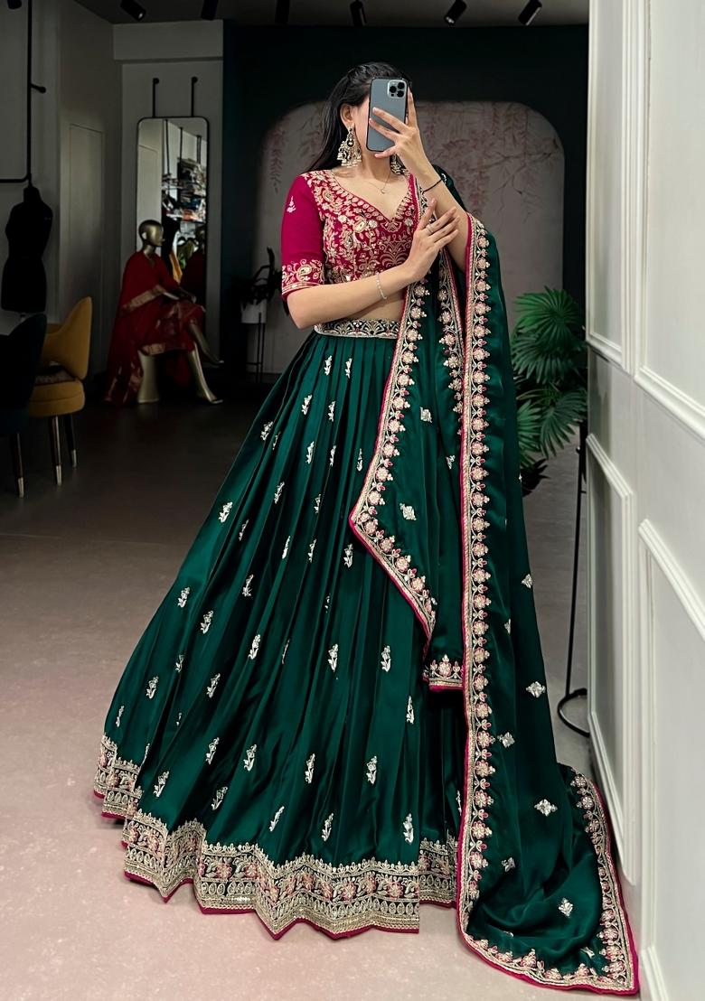 Green Embroidered Silk Blend Lehenga Set - Indya