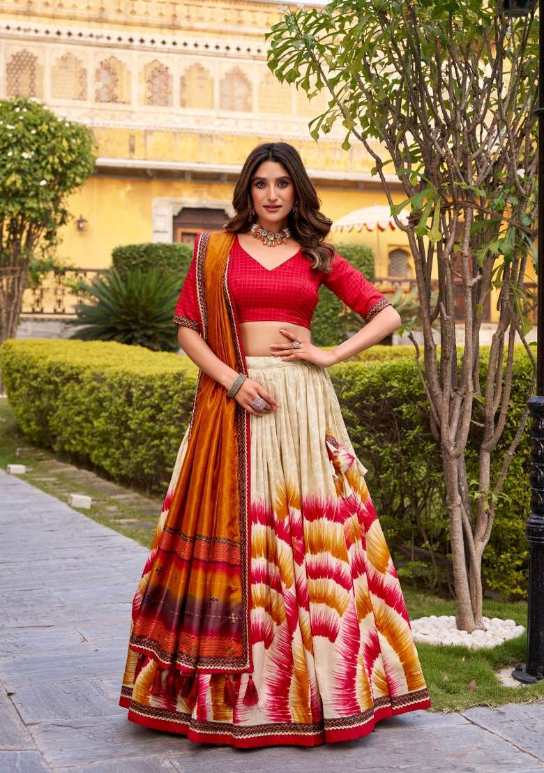 Red Silk Blend Lehenga Set with Printed for Diwali | Wedding & Festive Wear - Indya