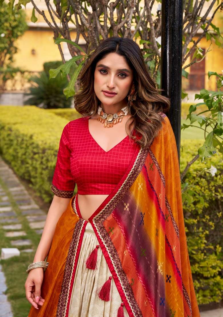 Red Silk Blend Lehenga Set with Printed for Diwali | Wedding & Festive Wear - Indya