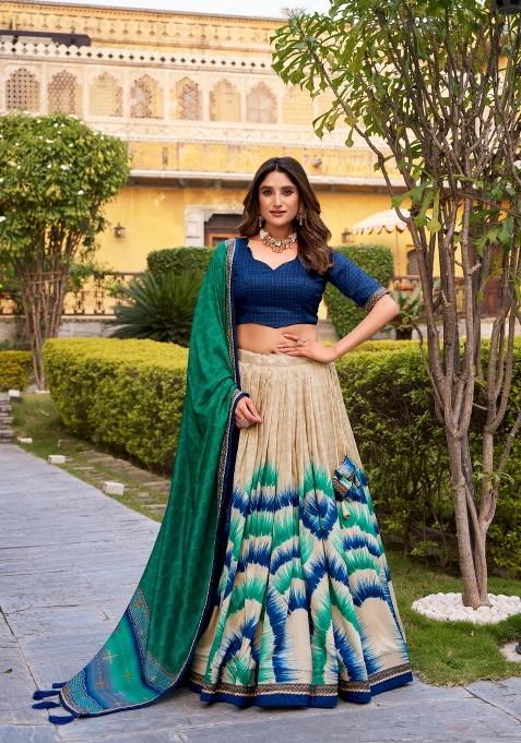 Blue Printed Silk Lehenga Set
