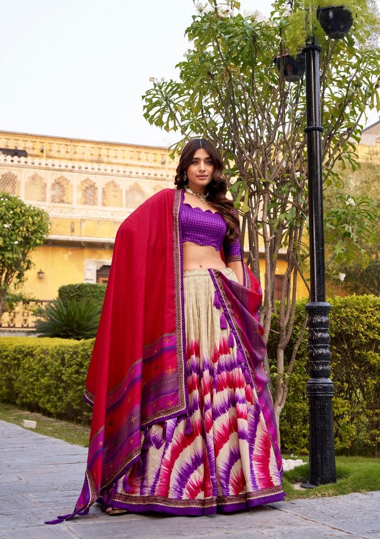 Purple Printed Silk Blend Lehenga Set - Indya