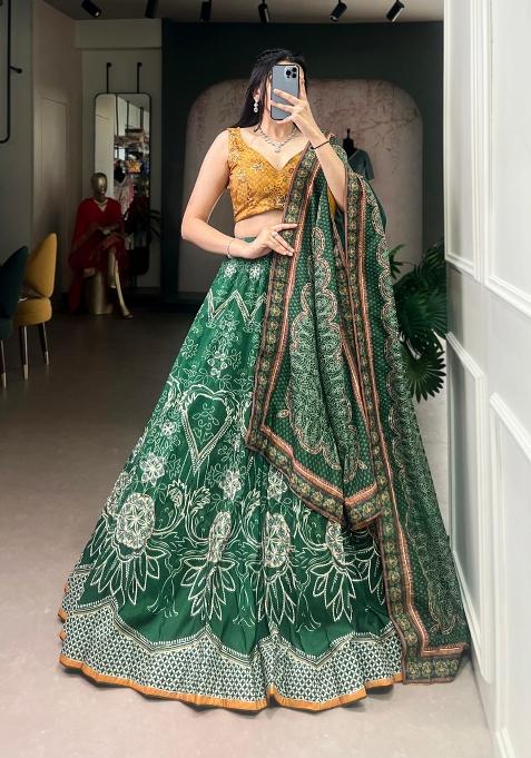 Green Printed Silk Lehenga Set