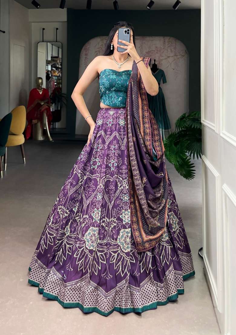 Purple Printed Silk Blend Lehenga Set - Indya