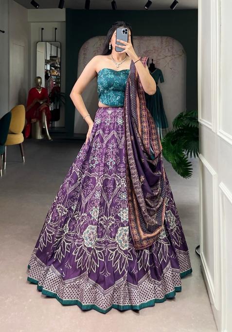 Purple Printed Silk Lehenga Set