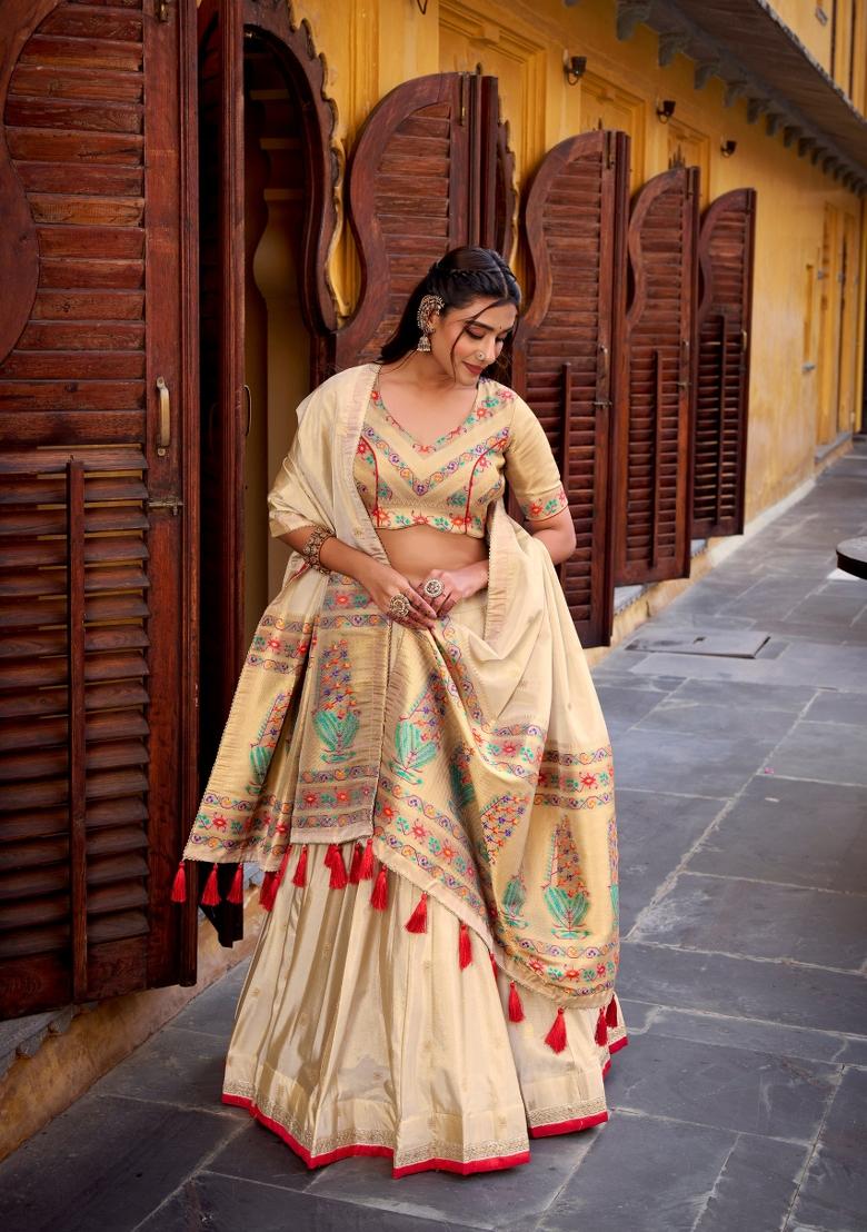 Red Zari Work Shimmer Lehenga Set - Indya