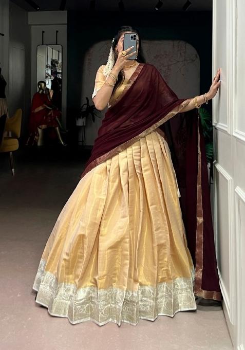 Cream Zari Work Kanchipuram Lehenga Set