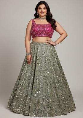 Grey Embroidered Georgette Lahenga Set