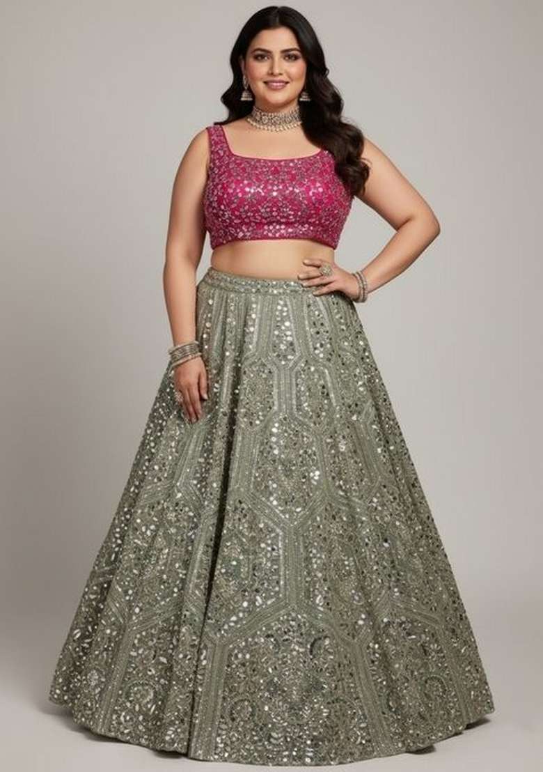 Grey Embroidered Georgette Lahenga Set for Diwali | Wedding & Festive Wear - Indya