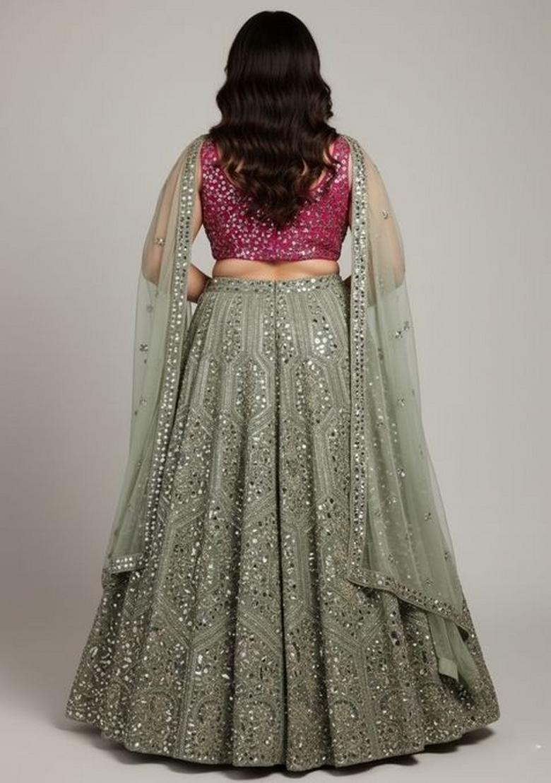 Grey Embroidered Georgette Lahenga Set - Indya