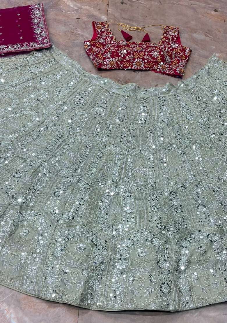 Grey Embroidered Georgette Lahenga Set for Diwali | Wedding & Festive Wear - Indya