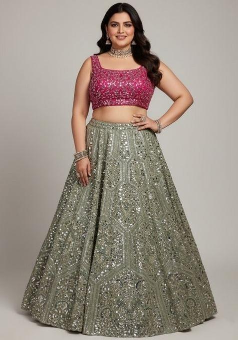 Grey Embroidered Georgette Lahenga Set