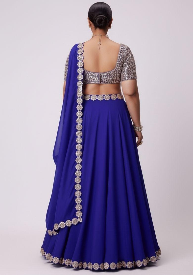Royal Blue Embroidered Georgette Lahenga Set - Indya