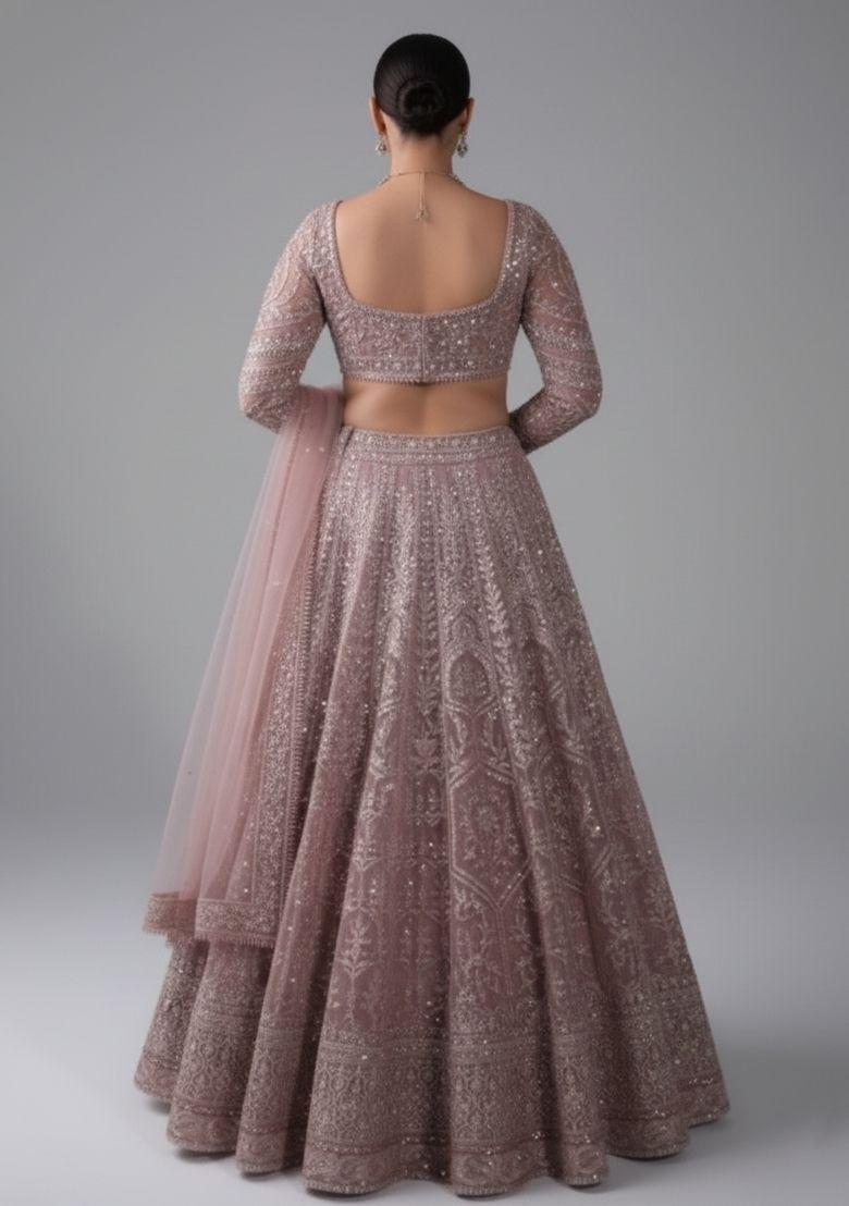 Light Pink Embroidered Silk Blend Lahenga Set - Indya