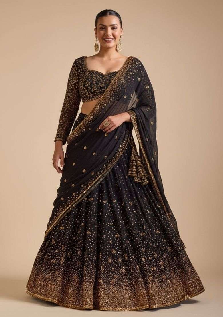 Black Embroidered Georgette Lahenga Set for Diwali | Wedding & Festive Wear - Indya