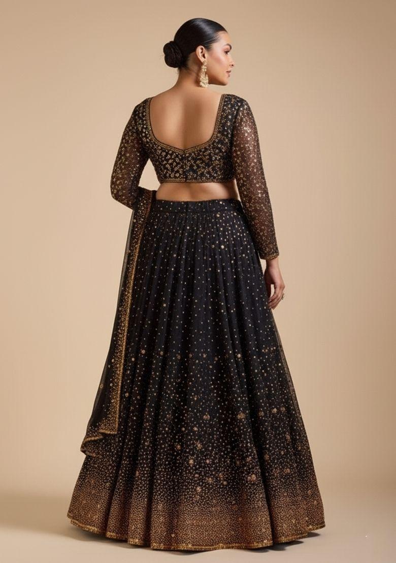 Black Embroidered Georgette Lahenga Set - Indya